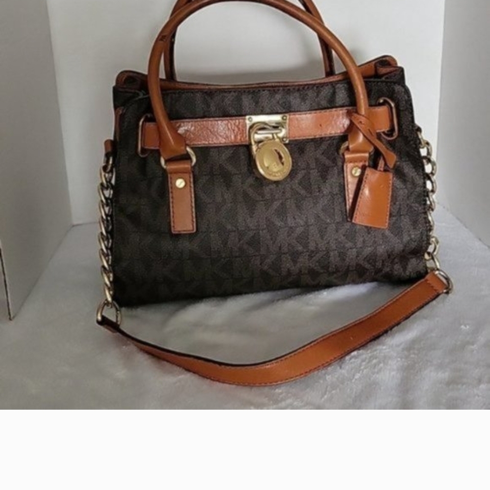 Michael Kors Dark Brown Monogram Satchel with Tan Trim and Gold Hardware